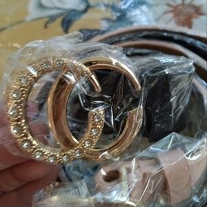 2 Elegant Gold 1 Tan And 1 Black CC Women's Belt And Scarf